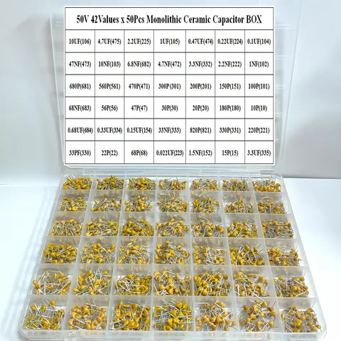 42values*50pcs Monolithic Ceramic Capacitor 10pF~10uF,ceramic capacitor Assorted Kit 1UF 100NF 330NF 0.1UF 102 104 105 335 Box