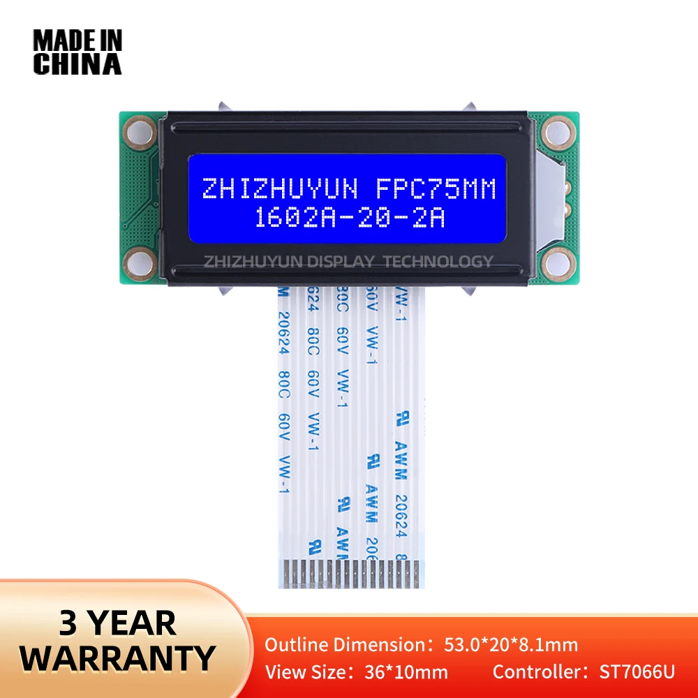 Spot Module FPC75Mm 1602A-20-2A Character Screen Blue Membrane 16X2 LCD Screen Voltage 5V Multiple Word Libraries