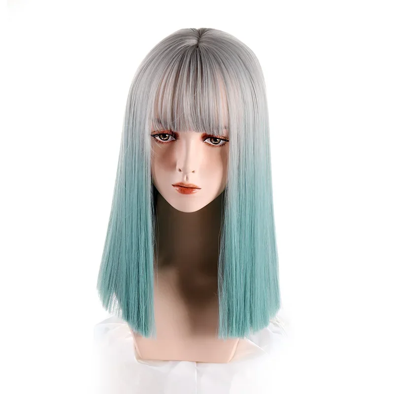 

Synthetic Wig Lady Silver Gray Gradient Aqua Blue Medium Length Straight Hair Cosplay Wigs With Bangs Heat-resistant