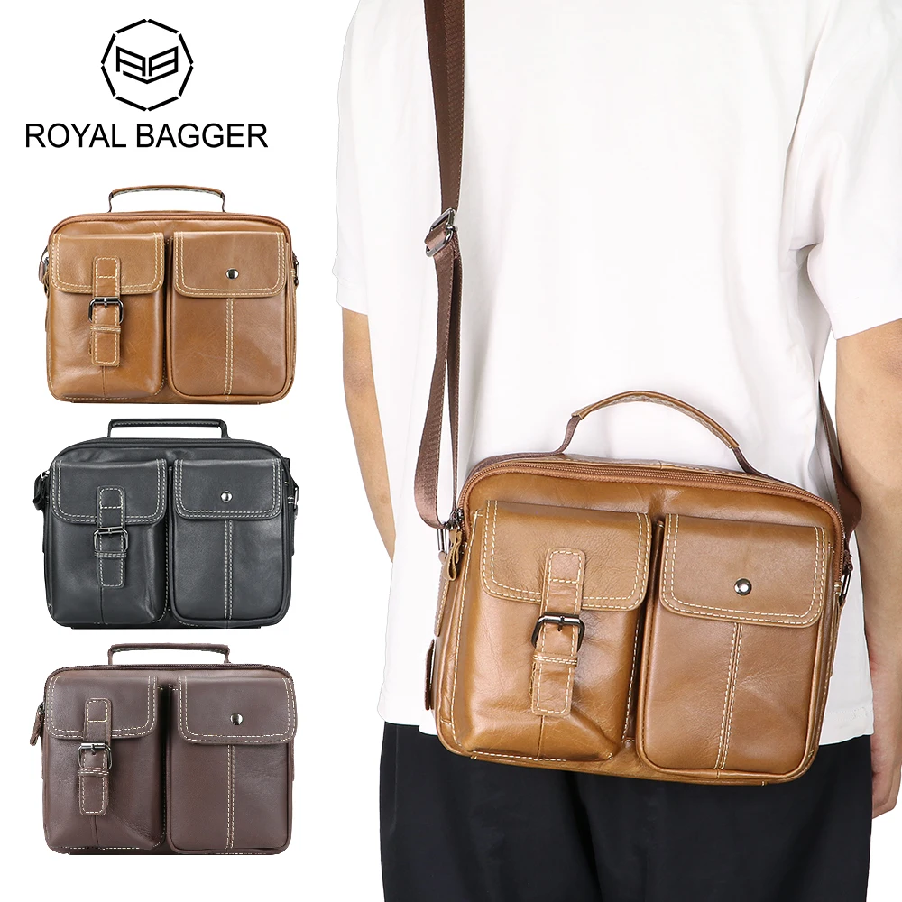 Royal Bagger Genuine Leather Men\'s Briefcases, Solid Color Business Messenger Bags, Vintage Shoulder Crossbody Bag 1679