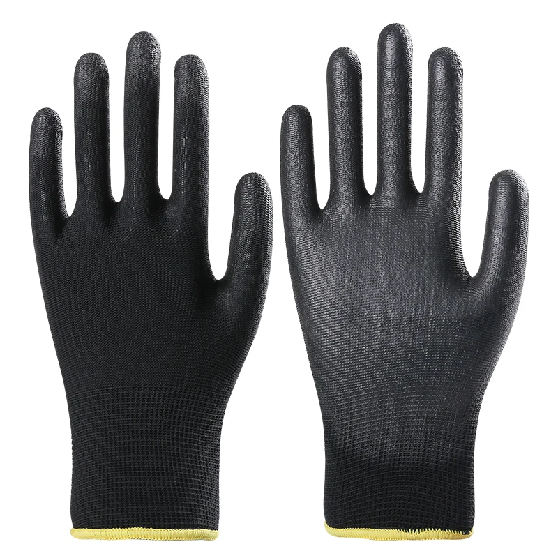 10 pairs Black Pu Gloves Polyester Shell Customized With Pu Coated Palm Safety Work Gloves En388 Pu Coated Gloves