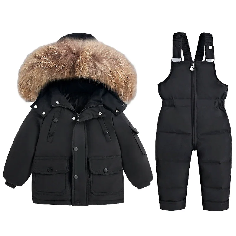 -30℃ Winter Snowsuit Sets Boy Girls Thicken Warm Ski Suit Children Down Jacket and Jumpsuit 2Pcs Kids Padded Fur Collar Outfits