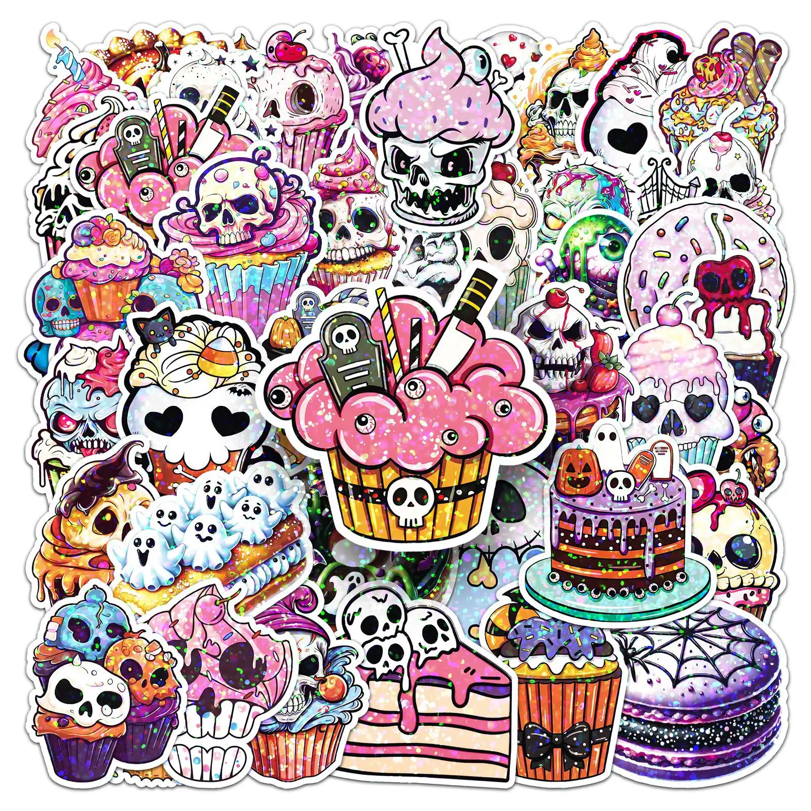 50Pcs/Set Creepy Cute Halloween Cupcake Stickers PVC Waterproof Skull Dessert Vinyl Decals for Laptop Party Favors Gifts