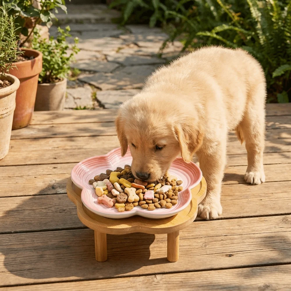 Large Capacity Ceramic Elevated Cat Bowl Anti Tipping Cervical Spine Protection Pet Drinking Feeder with Wood Stand Anti-slip