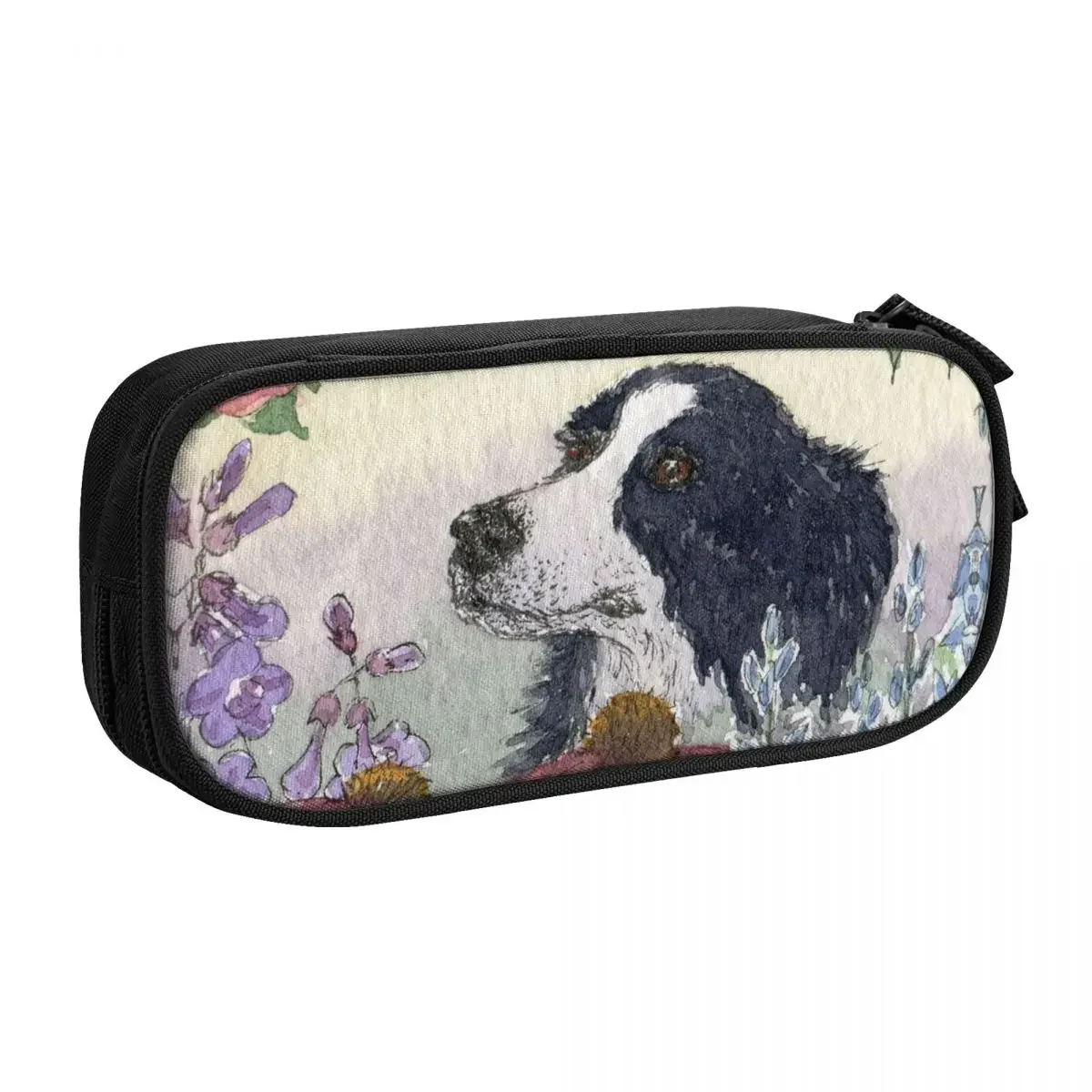 Cute Border Collie Dog Flower Pencil Cases for Boy Girl Big Capacity Animal Pet Pen Bag Box School Supplies