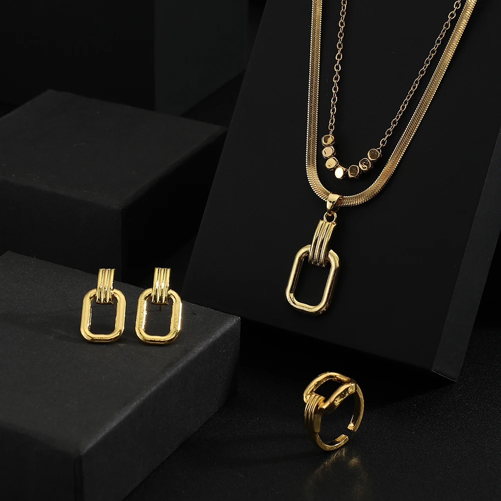 Stainless Steel Geometric Pendant Double Layer Chain Snake Bone necklace earring ring Set for Women gold Color Party Jewelry Set