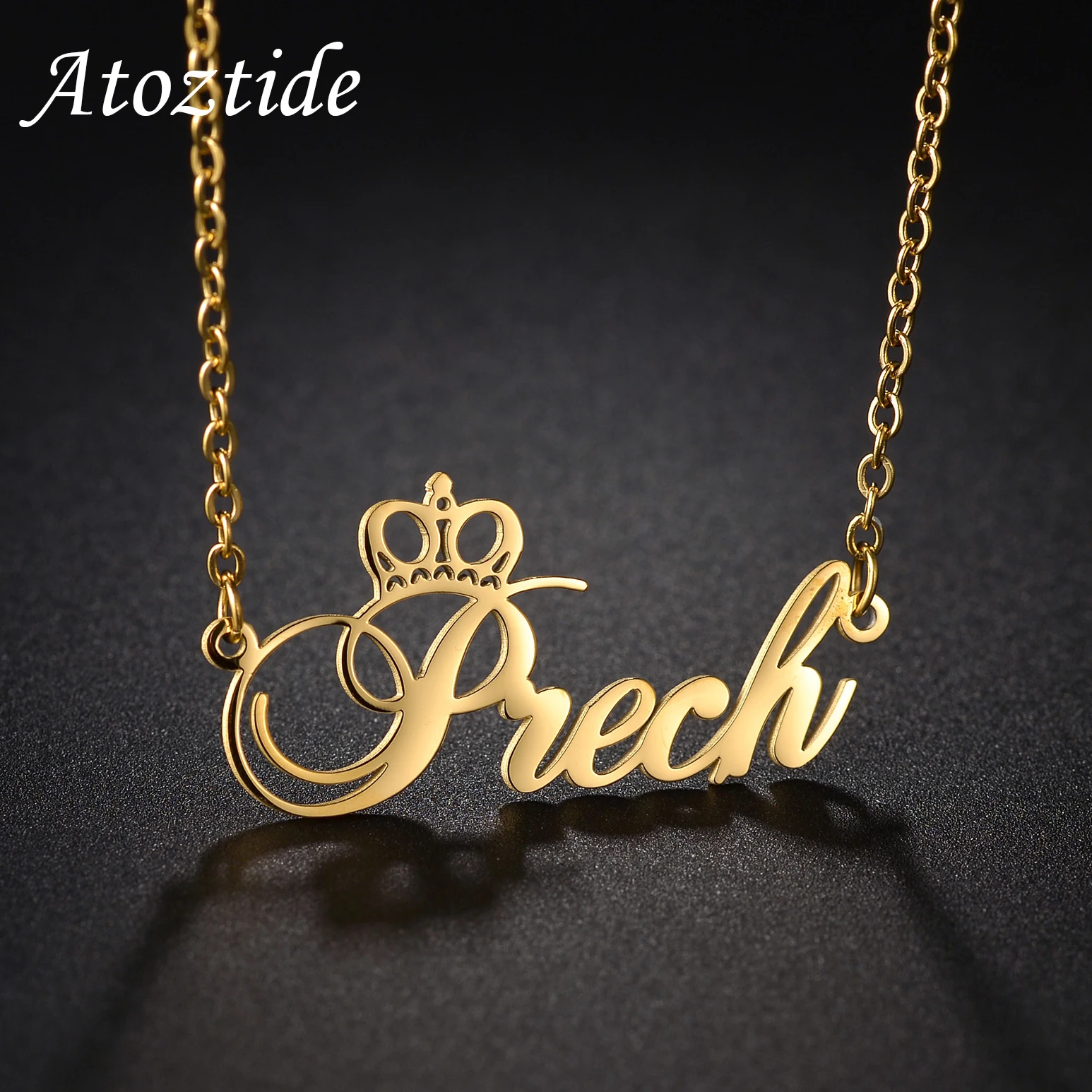 Atoztide Personalized Custom Crown Names Pendant Necklace for Women Stainless Steel Fashion Link Chain Christmas Jewelry Gift