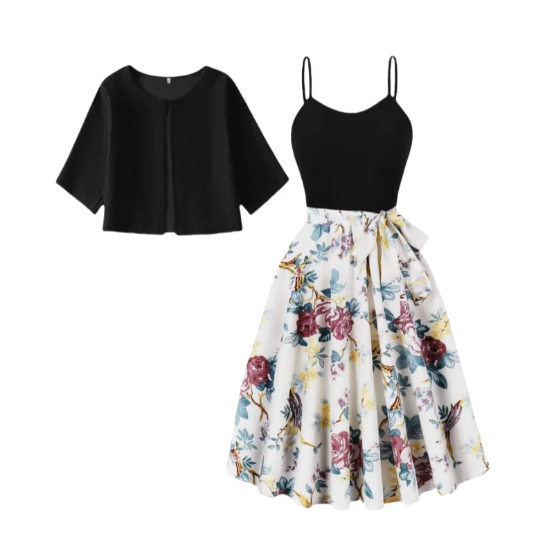 

Gentle style black short sleeved+camisole printed dress two-piece set looks slim