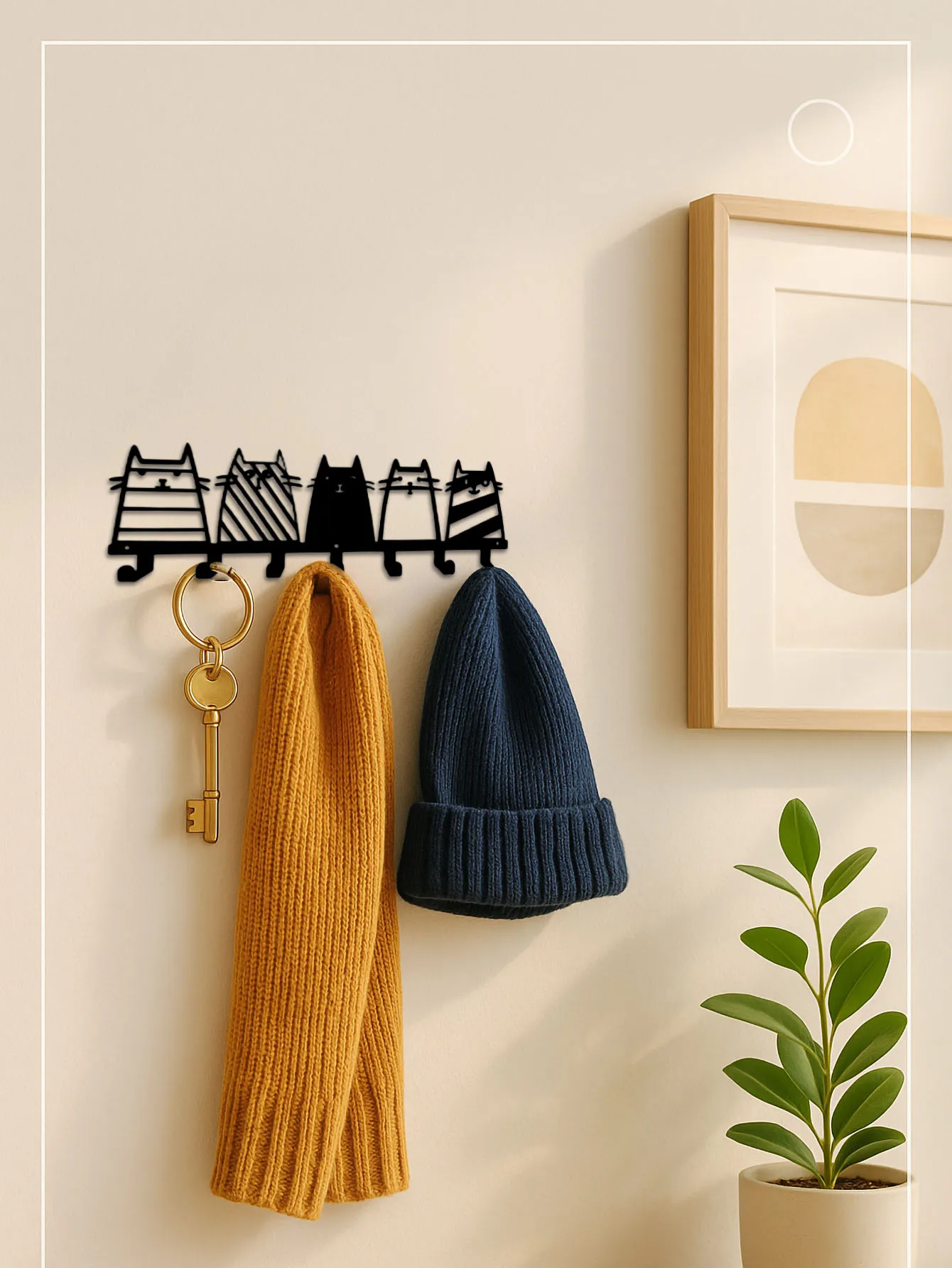

Feline Wall Organizer with Hooks - Space-Saving Key Rack for Pet Lovers