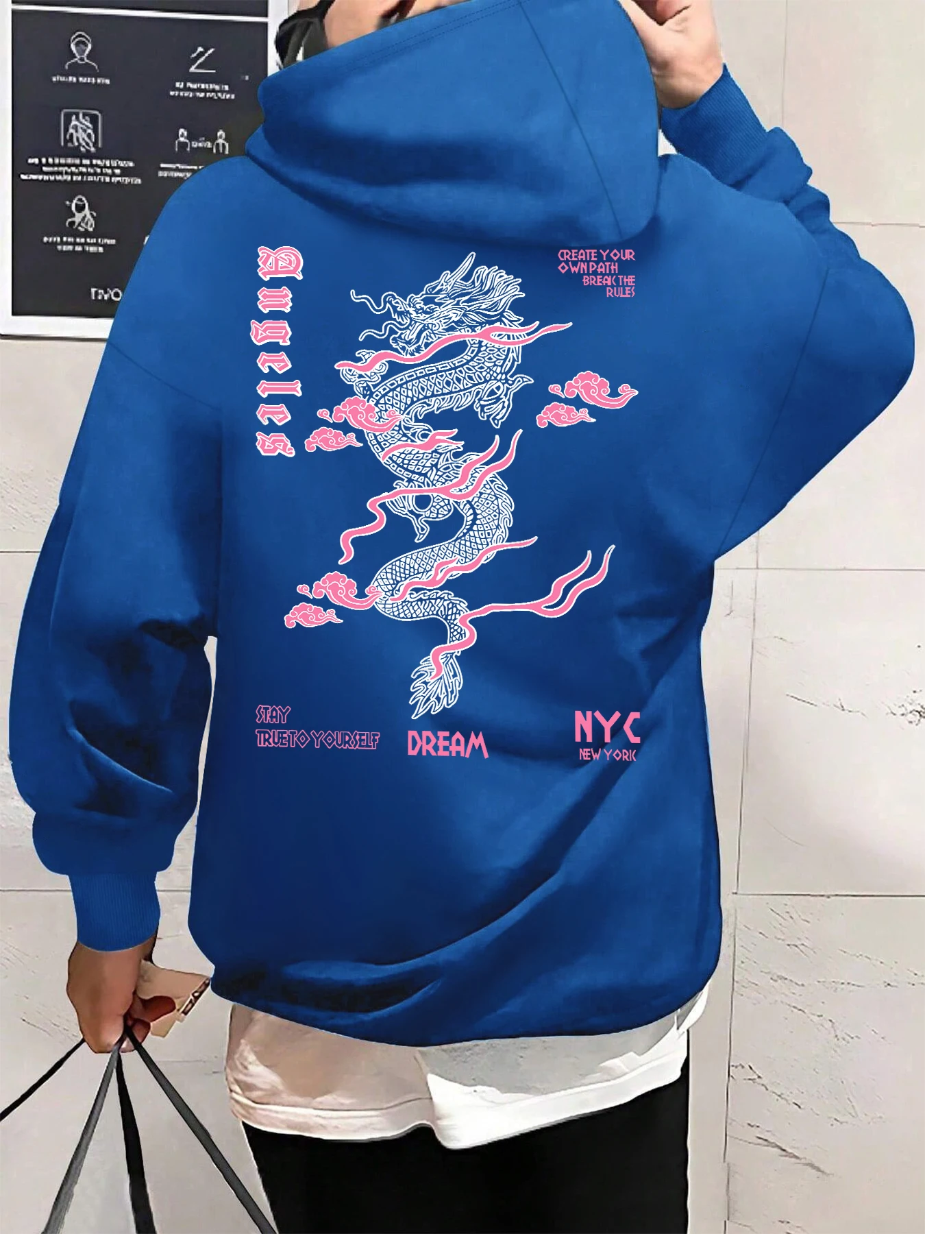 

New York City Mushu Dragon Printing Men Hoodie Vintage Autumn Streetwears Comfortable Hoody Fleece Pocket Man Pullovers