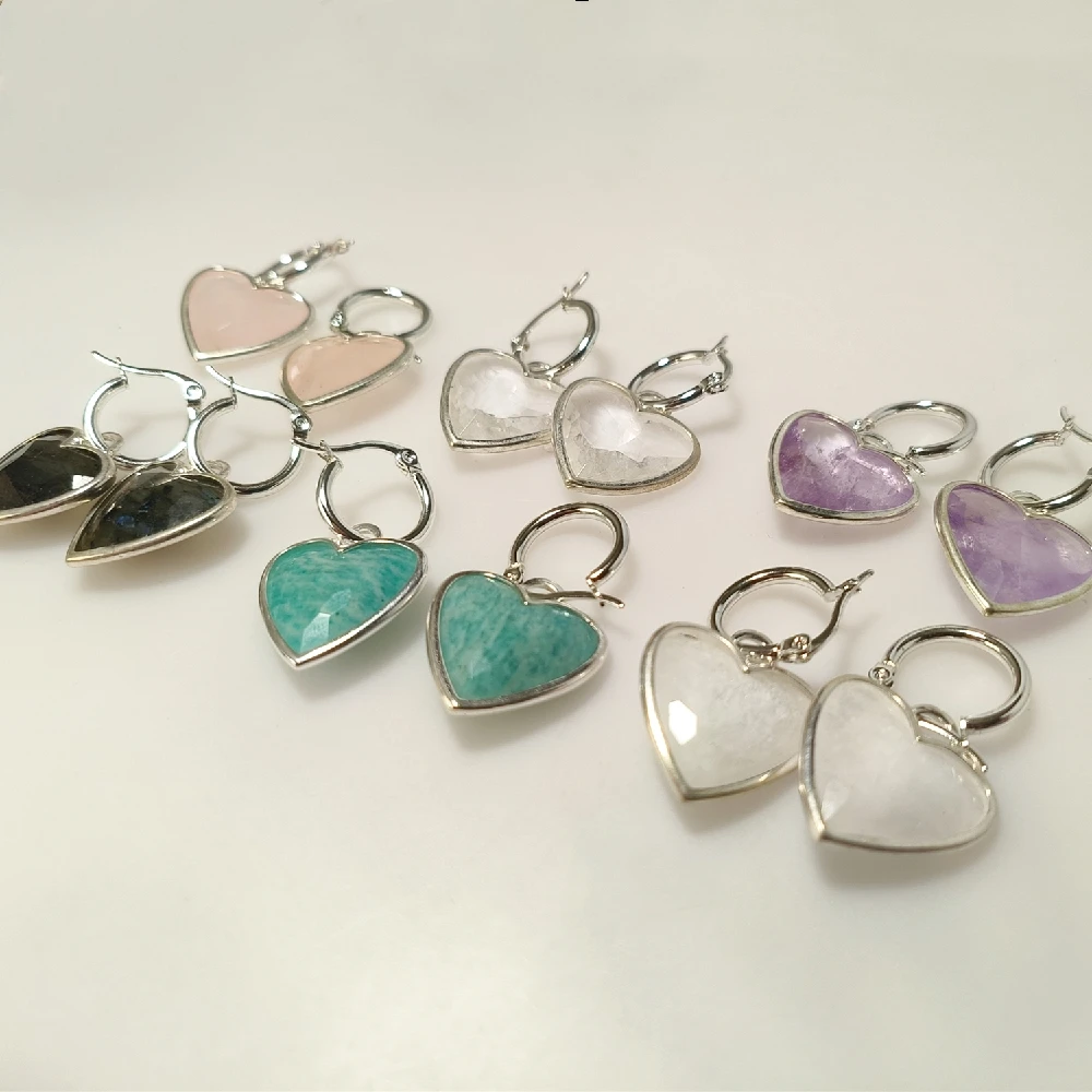 Wholesale Bulk Silver Bezel Set Heart Multi Healing Crystal Huggie Drop Earrings Stone Craft Parts E2R471