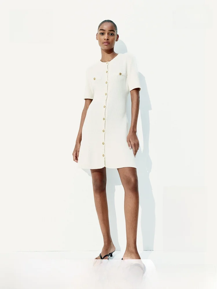 

Ele Knitted Slim Fit Dr Spring Collection H&M Women's Faion Classic Sle round Ne Cotton Gown Single Color