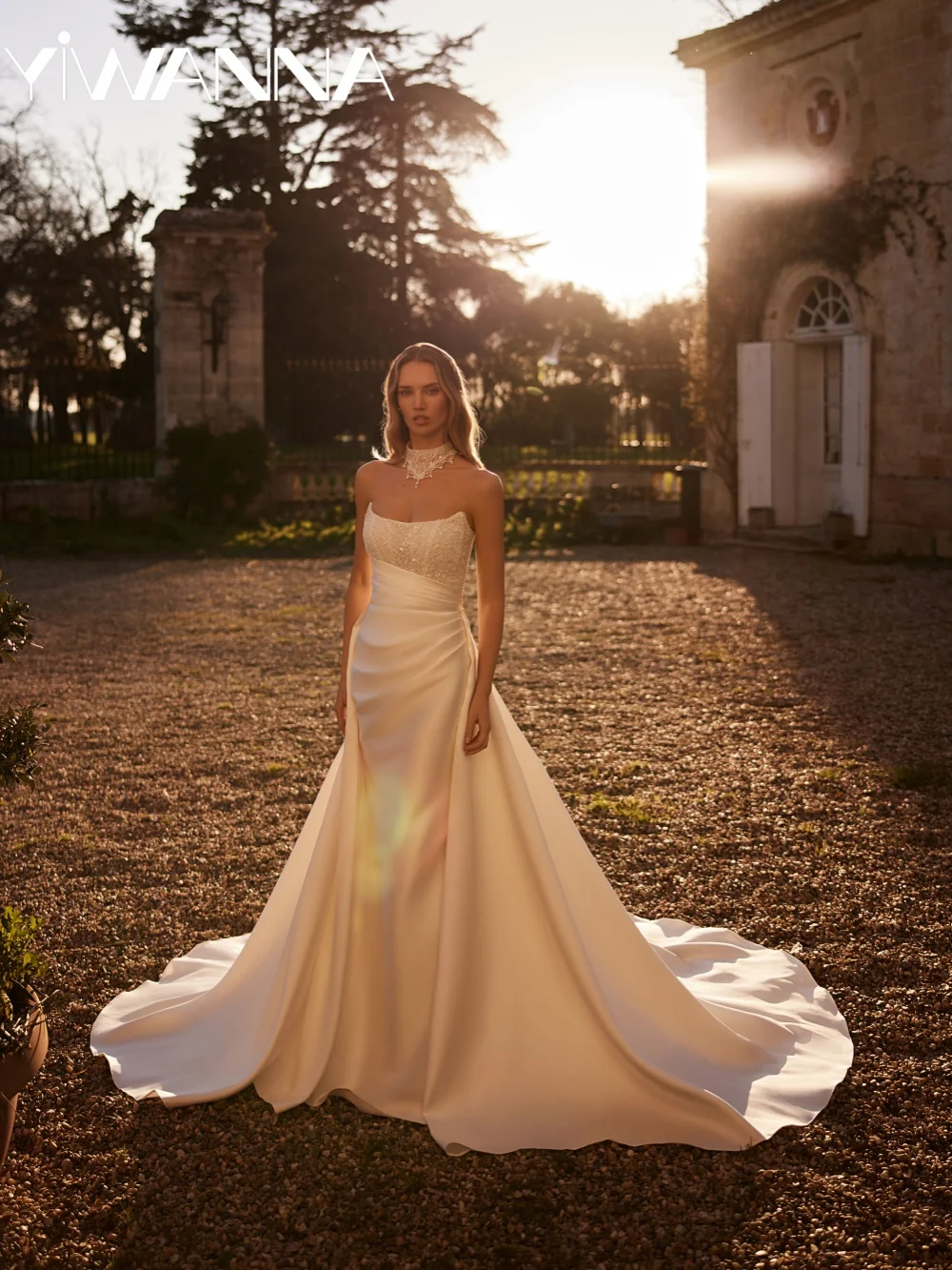 

Romantic Beaded Strapless Wedding Dress Detachable Train Satin Mermaid Bridal Gown Customized Floor-length Dresses For Bride