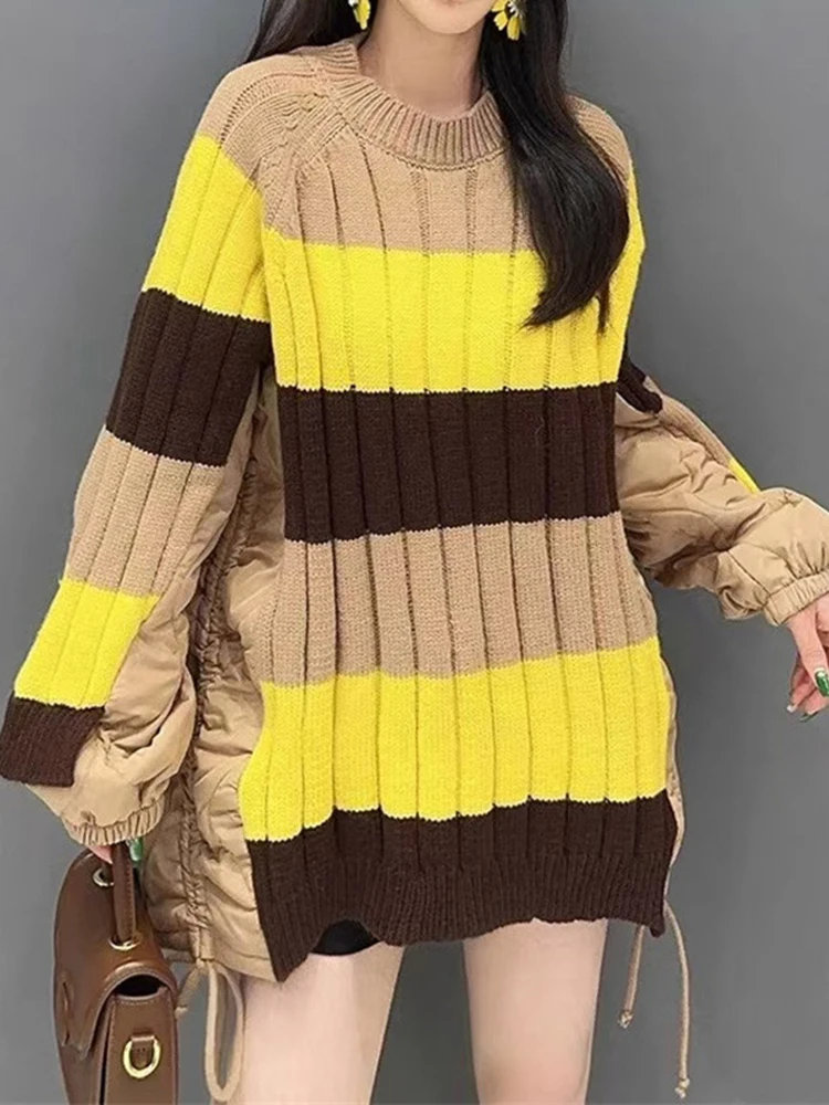 [EWQ] Koreanischen Stil Baumwolle Spitze-up Gespleißt Kontrast Farben Stricken Pullover Frauen Winter Mode Lange Pullover Tops 2024 neue 16O3362