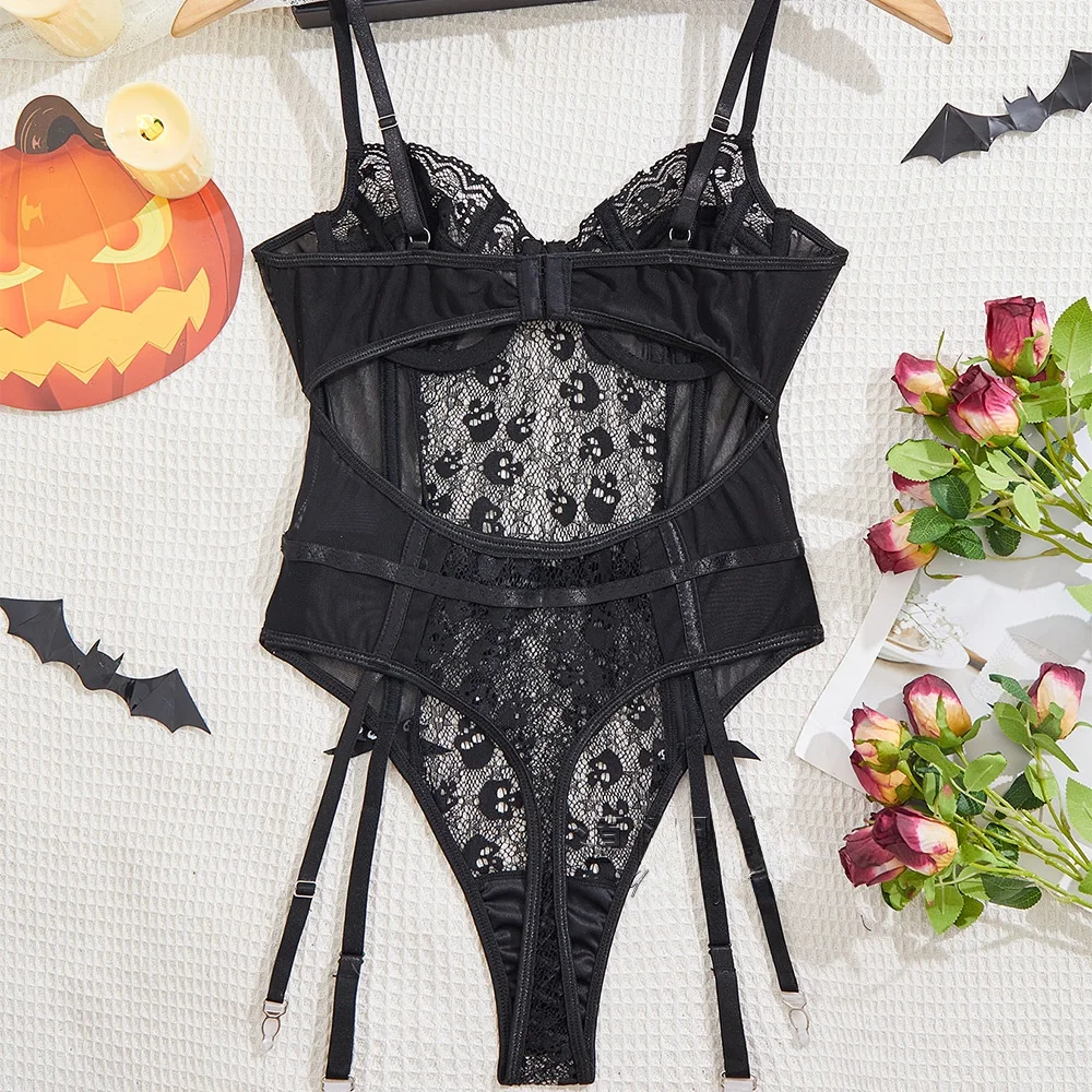 

k Romantic Skeleton Lace Bodysuit Slimming loween Sexy Underwear One-Piece Suit Low Waist ort Pants for Women