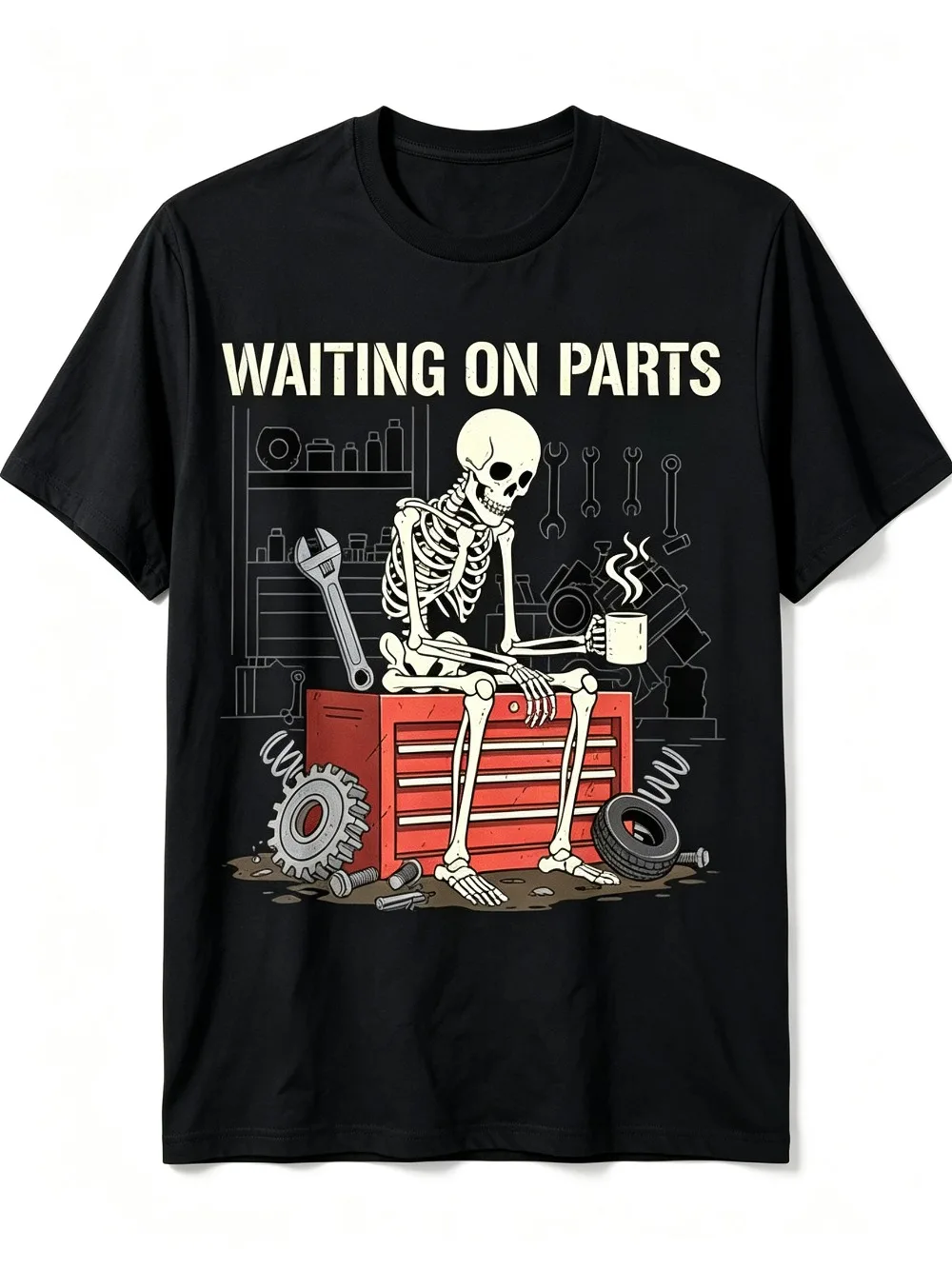 2026 New Men’s Skeleton Waiting On Parts Graphic Print T-Shirt, Mechanic Garage Tool Vintage Crew Neck Casual Tops