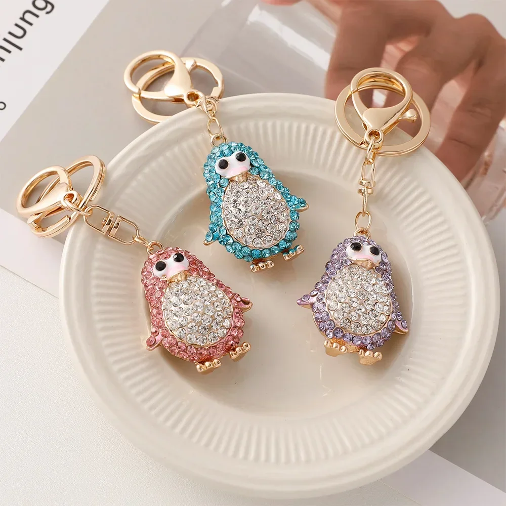 Crystal Penguin Rhinestone Keychain Antarctic Cute Animals Charm Hollow Out Pendant Car Keys Holder Women Bag Keyring Accessory