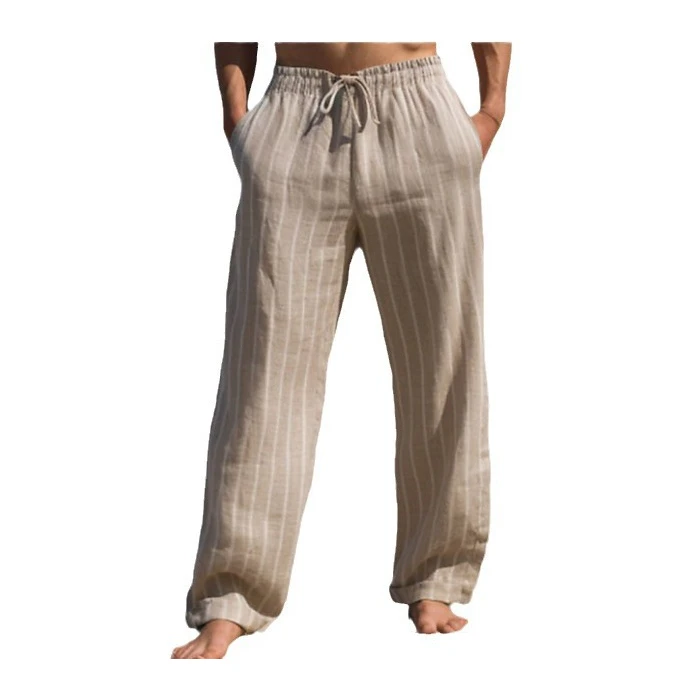 

Men's Casual Striped Linen Trousers Autumn Straight Leg Pants Comfortable Cotton Blend mid Waist Long Straight Tube Trousers