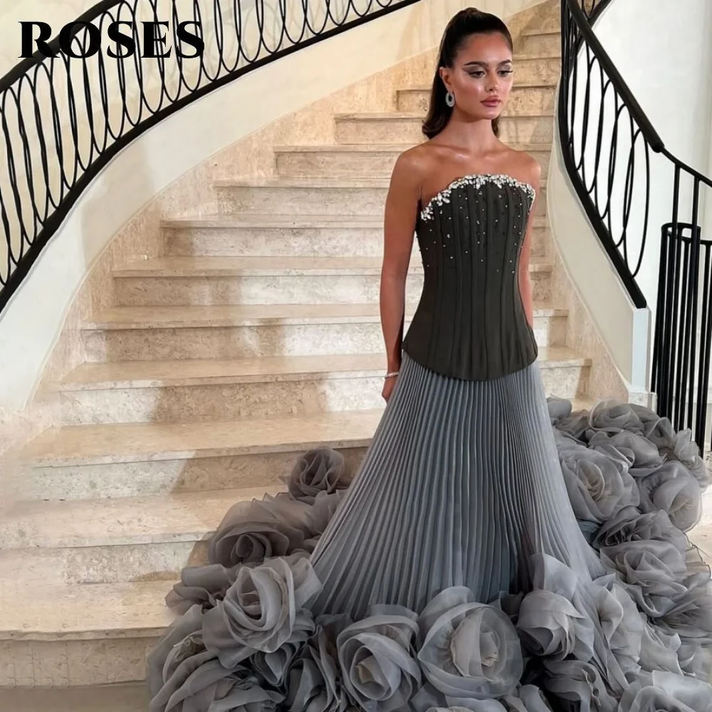 ROSES Black Prom Dress Gown with Crystals Tulle Strapless Night Dress A-Line Ruched 3D-Flowers Party Dress for Woman Customized