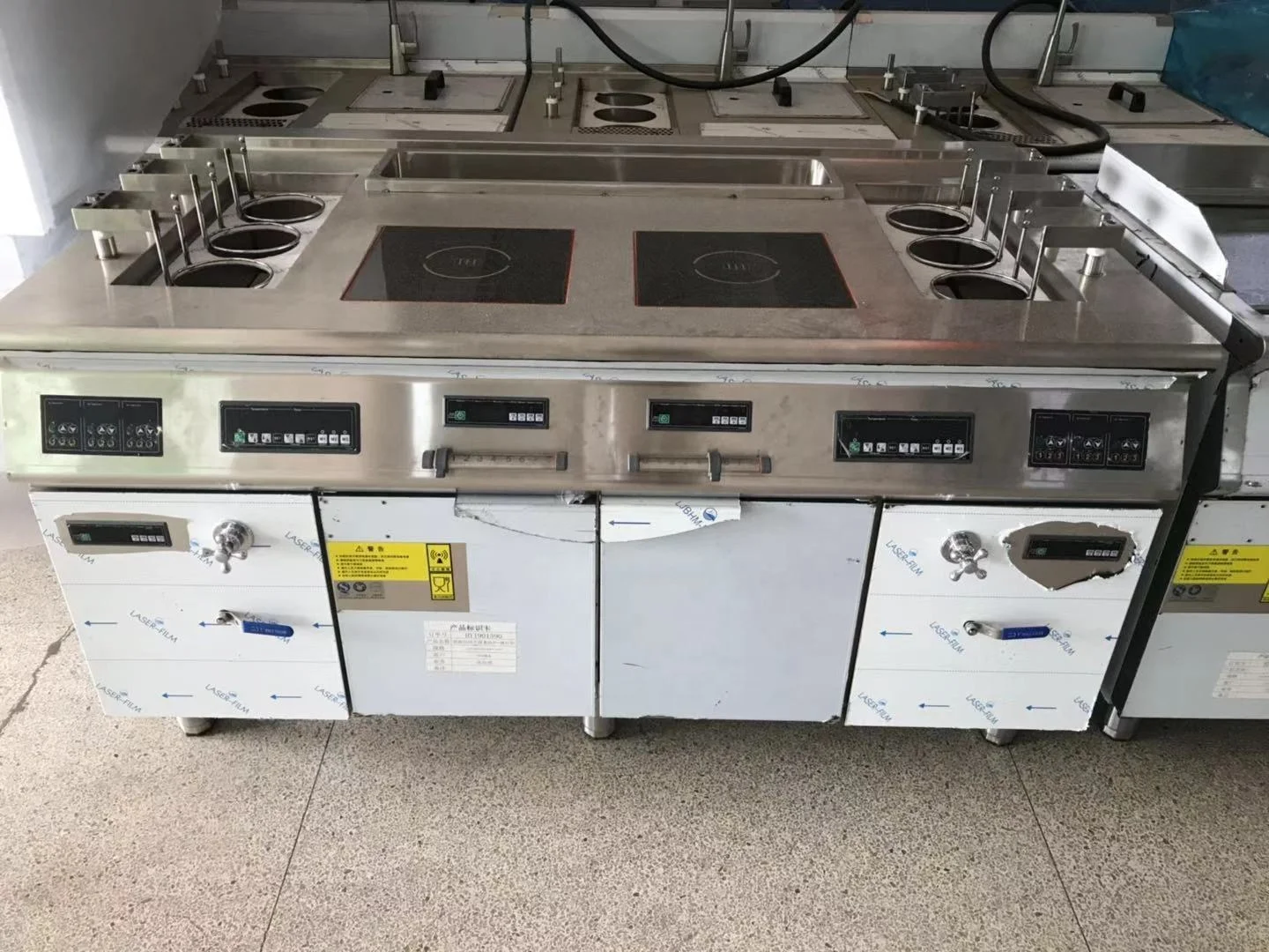 Commercial Kitchen 6 Baskets Self-Lifting Pasta Noodle Pot with Double Burner Induction Cooker with Bain & Mary Cooking Station