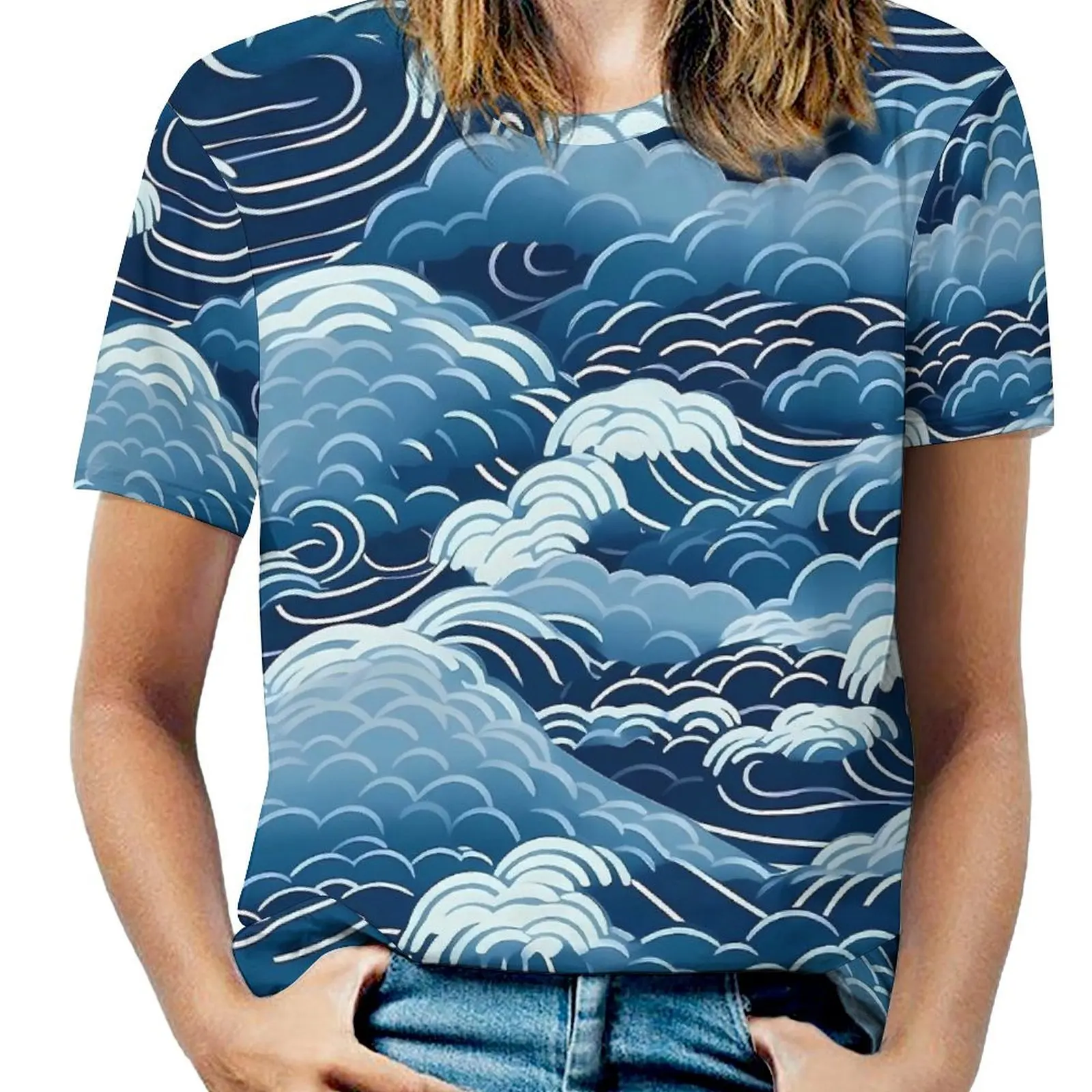 Japanese Seigaiha T Shirt Blue Ocean Waves Hip Hop T-Shirts Short Sleeve Basic Tshirt Summer Custom Clothes Large Size