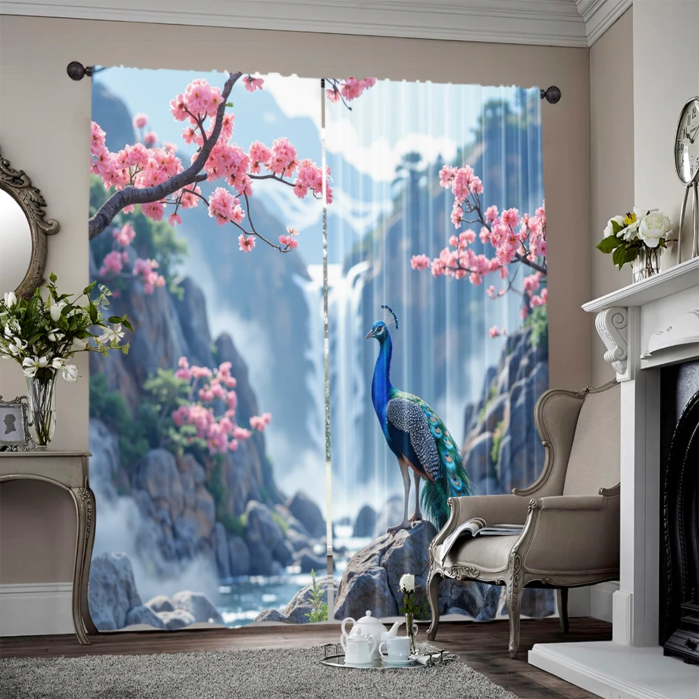 2pcs, 2D flat Party Curtains Fashion Theme Peacock 100% Polyester,Without Electricity Wall Decor Perfect for Holiday Parties,