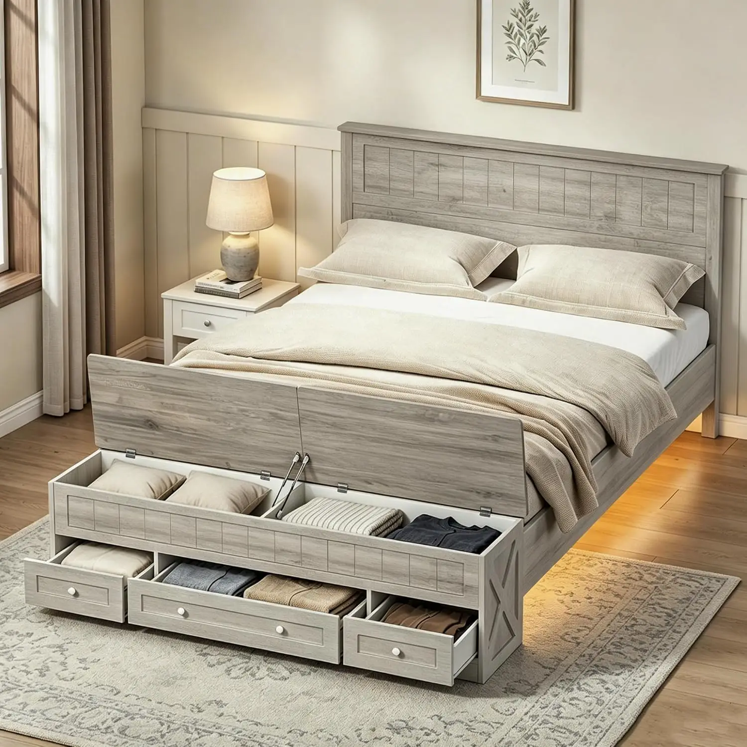Farmhouse Queen Bed Frame with Headboard & Storage Bench Rustic Gray, Customized
