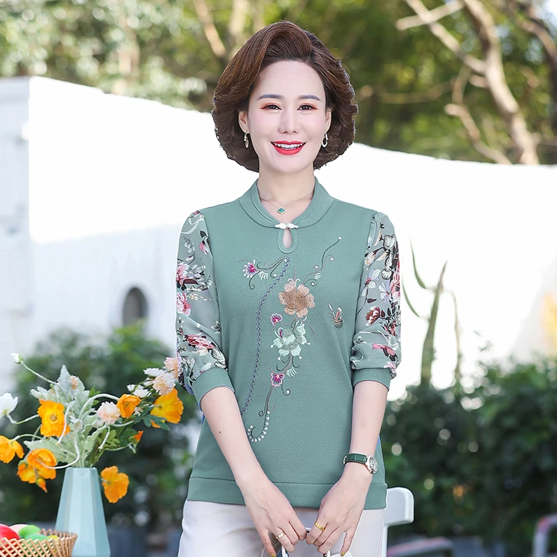 Female Return Printed Blouse Casual Middle-aged mother Clothing Spring Autumn Long Sleeve printing Shirt