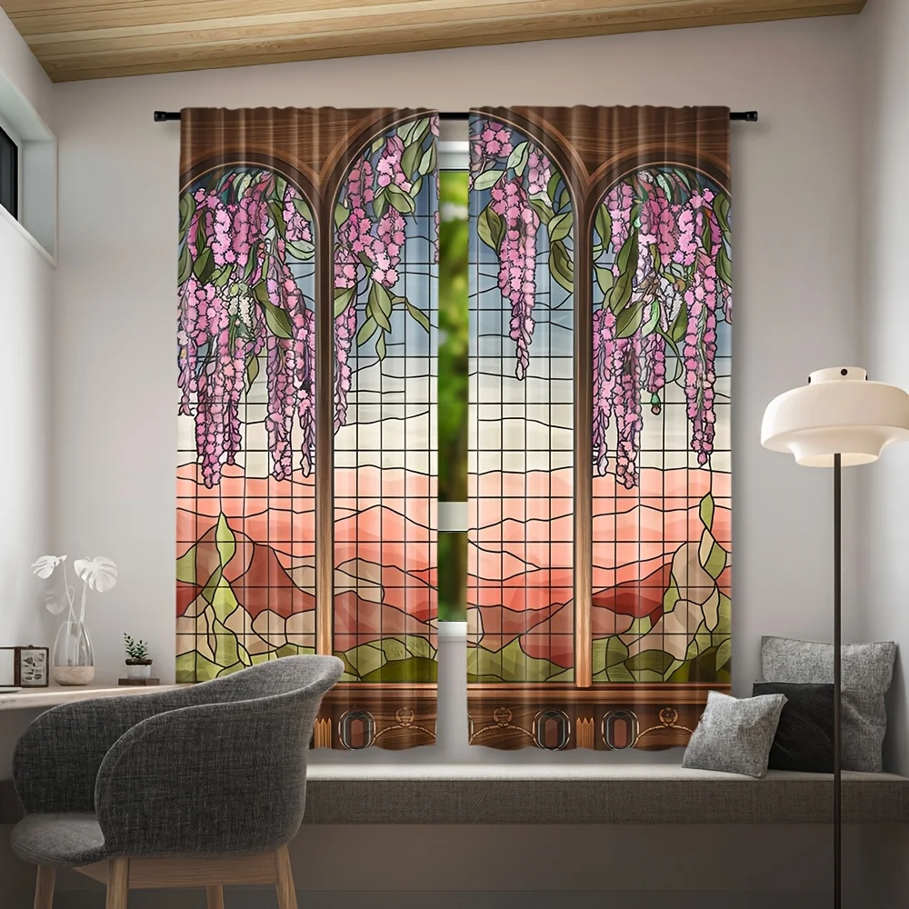 2pcs Floral Wisteria Stained Glass Curtains - Decorative Rod Pocket Window with Vibrant Pink Floral Design, Brown Frame, Semi-Tr