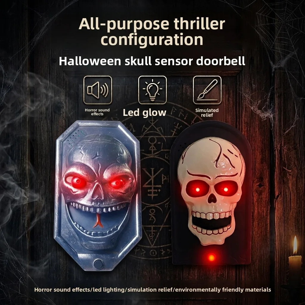 Spooky Skull LED Electronic Doorbell Pendant Halloween Prank Decoration Prop for Haunted House Escape Room Holiday Scene Layout