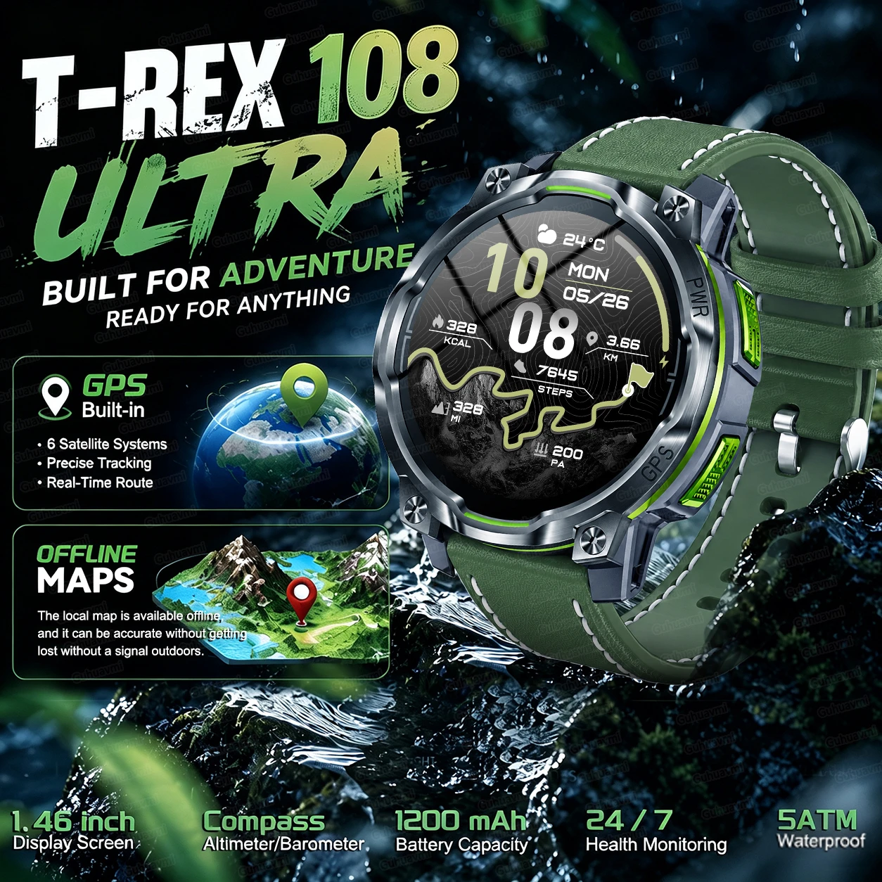 T-Rex Ultra Smart Watch 1200MAh Battery GPS Offline Map Compass 5ATM Waterproof Sports Tracker Outdoor Military Smartwatches New