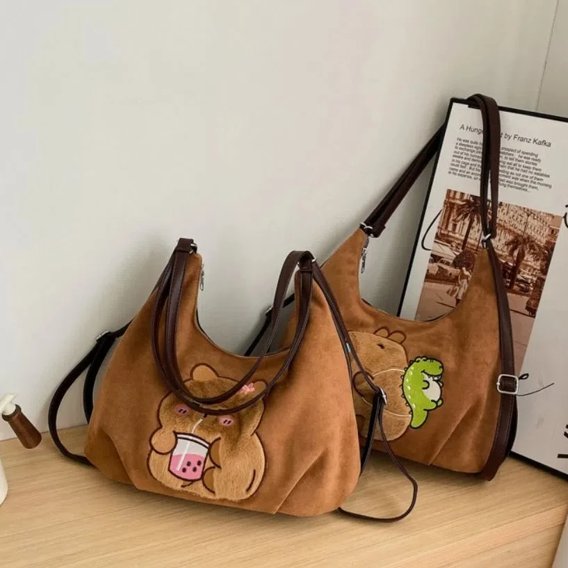 Sweet Embroider Capybara Crossbody Bag Dinosaur Milk Tea Chamois Kapibara Bag Cute Kawaii Chamois Leather Bag Outdoor