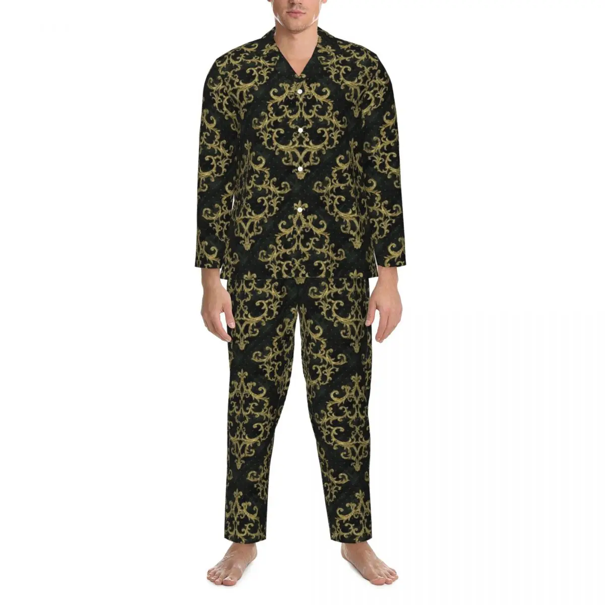 Baroque Floral Pajamas Set Vintage Print Fashion Sleepwear Men Long Sleeve Casual Daily Two Piece Nightwear Large Size