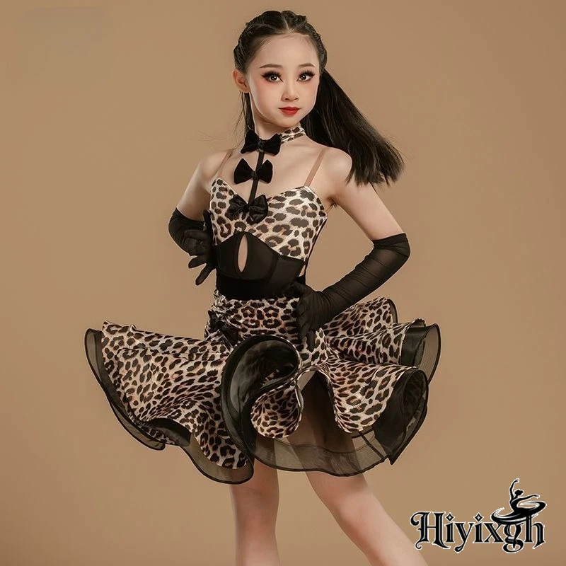 Children Latin Dance Dress for Grils Bow Leopard Print Cha-cha Stage Costume Gauze Glove Set Swing Dance Competition Clothing
