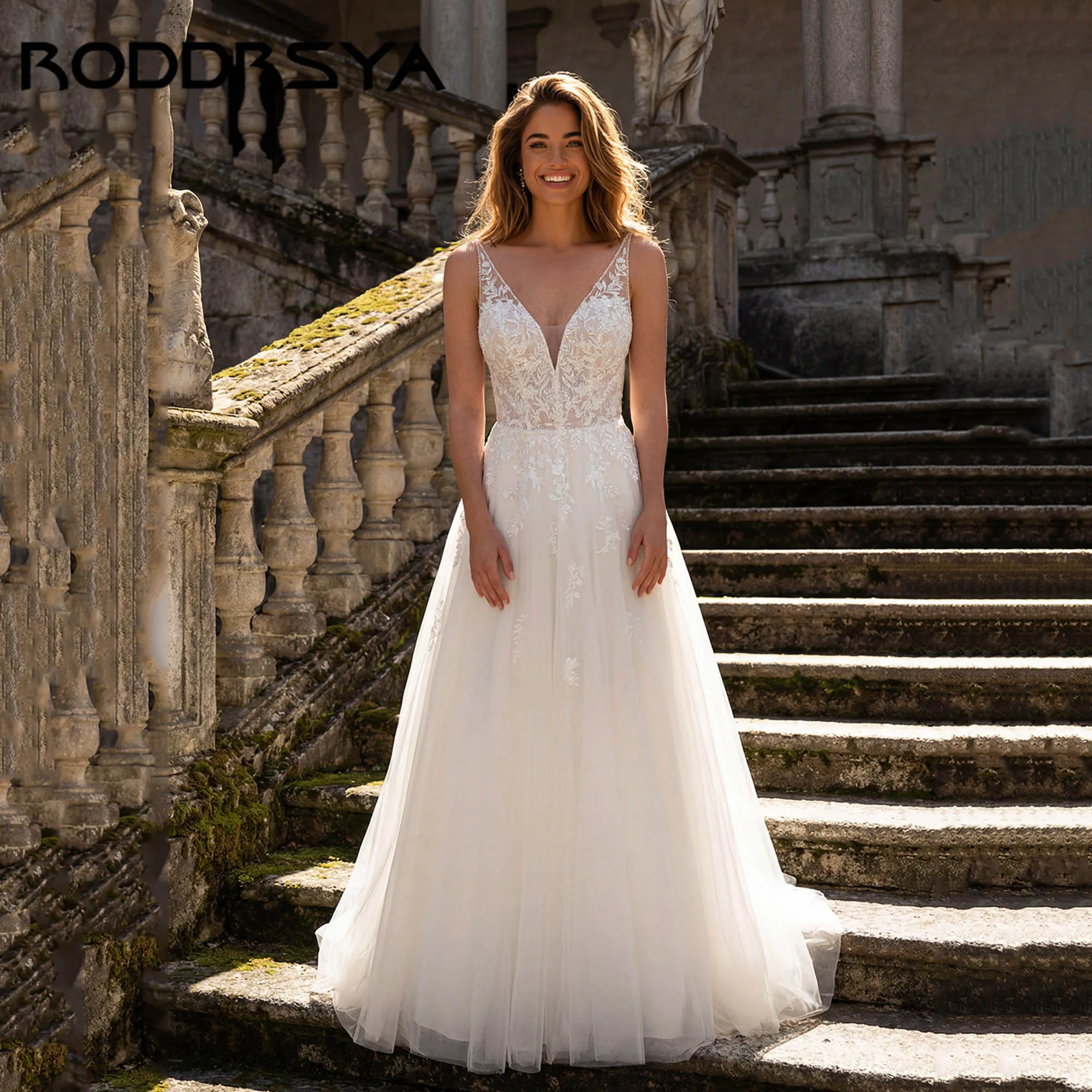 

RODDRSY Classic Sleeveless V-neck Bridal Dresses Tulle Appliques A-line Wedding Gowns Back Illusion vestidos de novia Customized