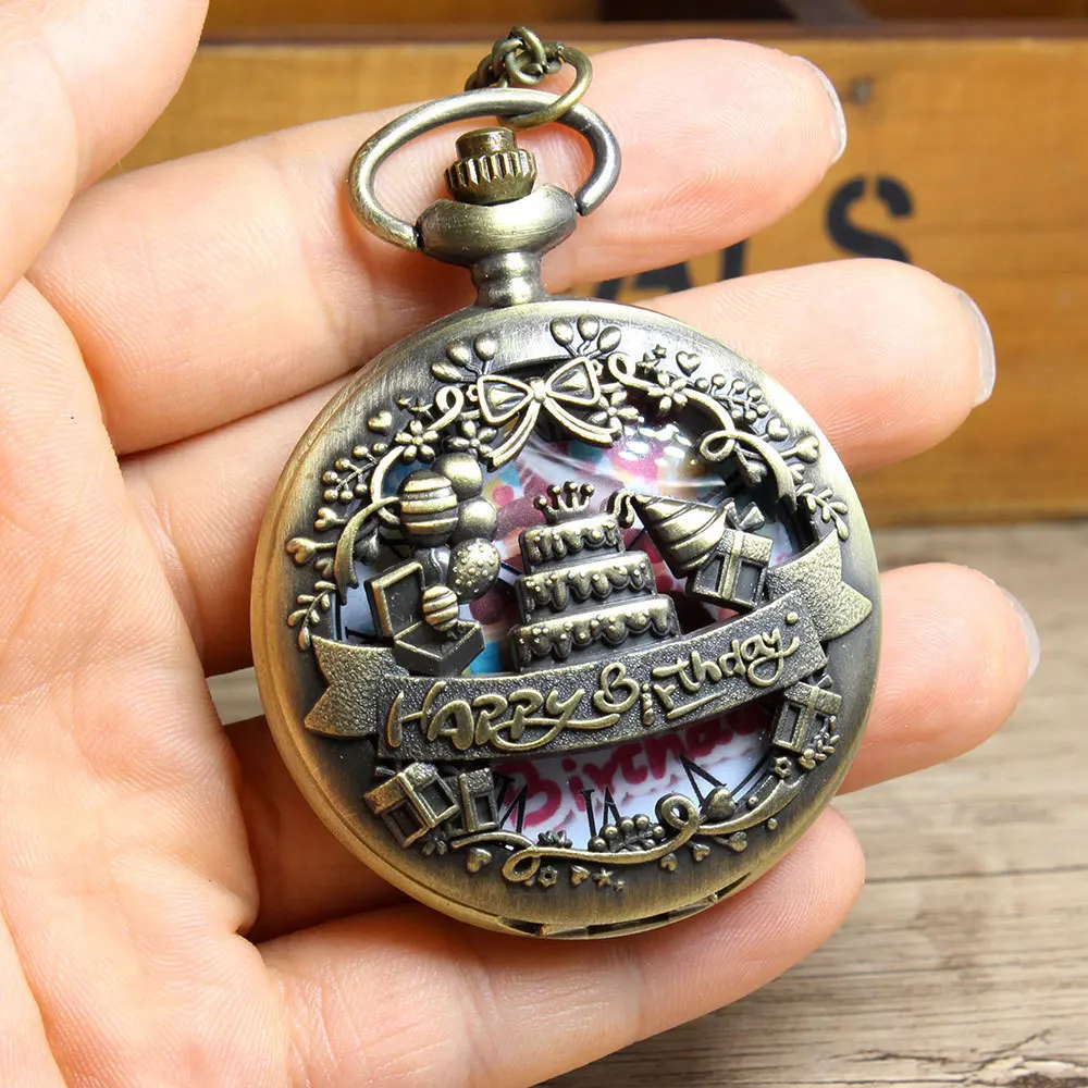 ユニークなハッピーバースデーケーキヴィンテージブロンズスチームパンク懐中時計、アンティークギフトアクセサリー用