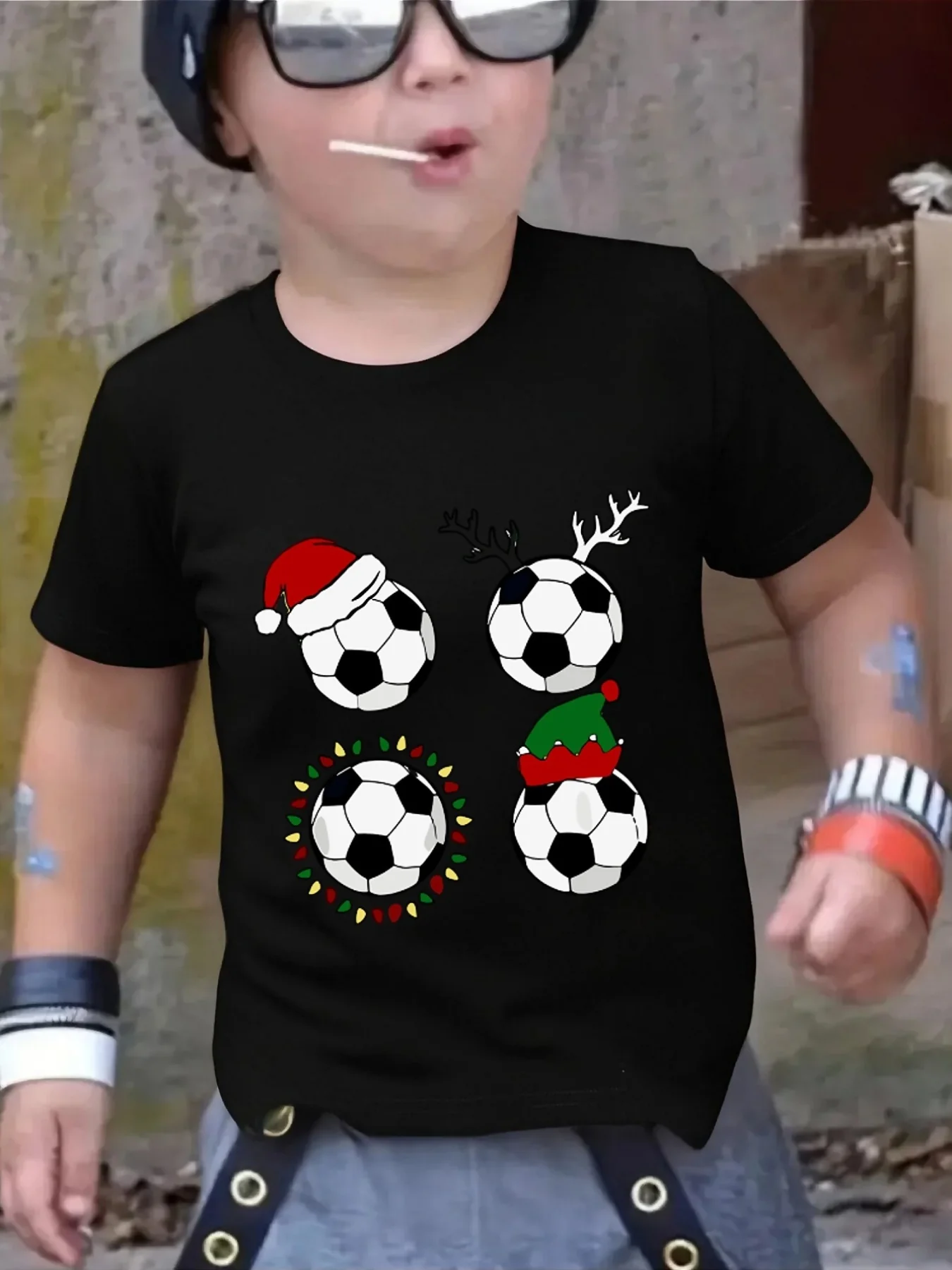Christmas Soccer Balls With Santa Hat Antler Elf Cap Print Family Matching Short Sleeve Tee Boys Girls Kids Holiday Casual Tops