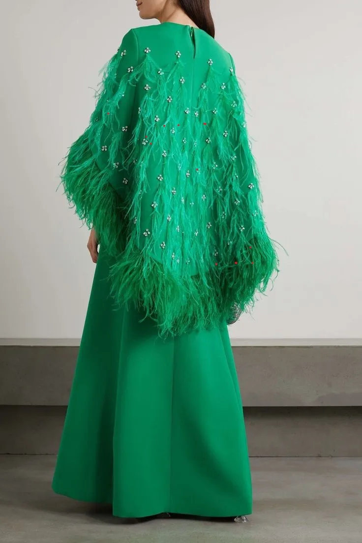 Luxury Green Prom Dresses Round Floor-Length Feathers Rhinestone Women Evening Dress Celebrity Banquet Party Gowns