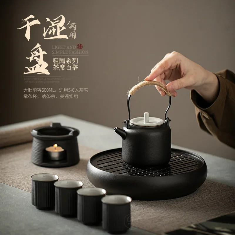 Black pottery round water storage type household living room small dry brewing small tea table tea tray Kung Fu tea set