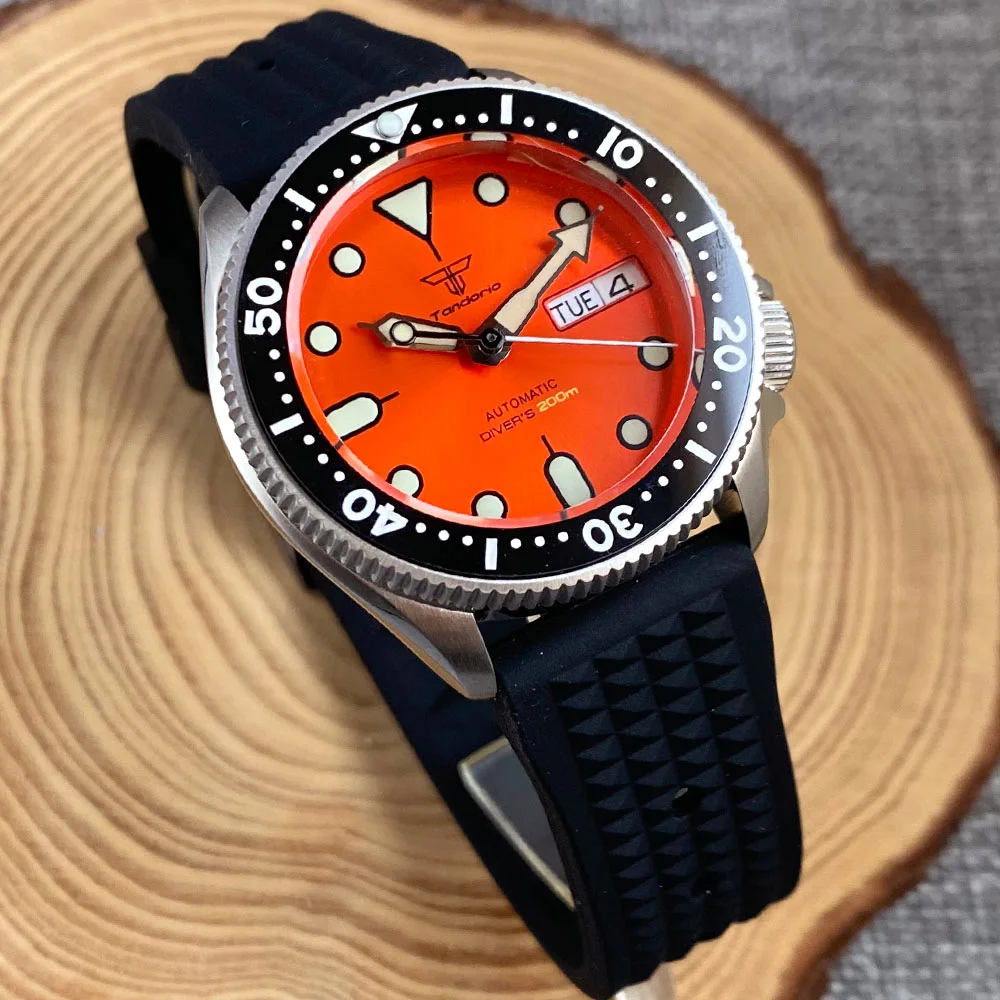 Dive 3.8 SKX Mod Steel Watches Men Sunburst Orange Weekday Sapphire Glass 20bar Water Resistence Mechanical Watch Sport Clock