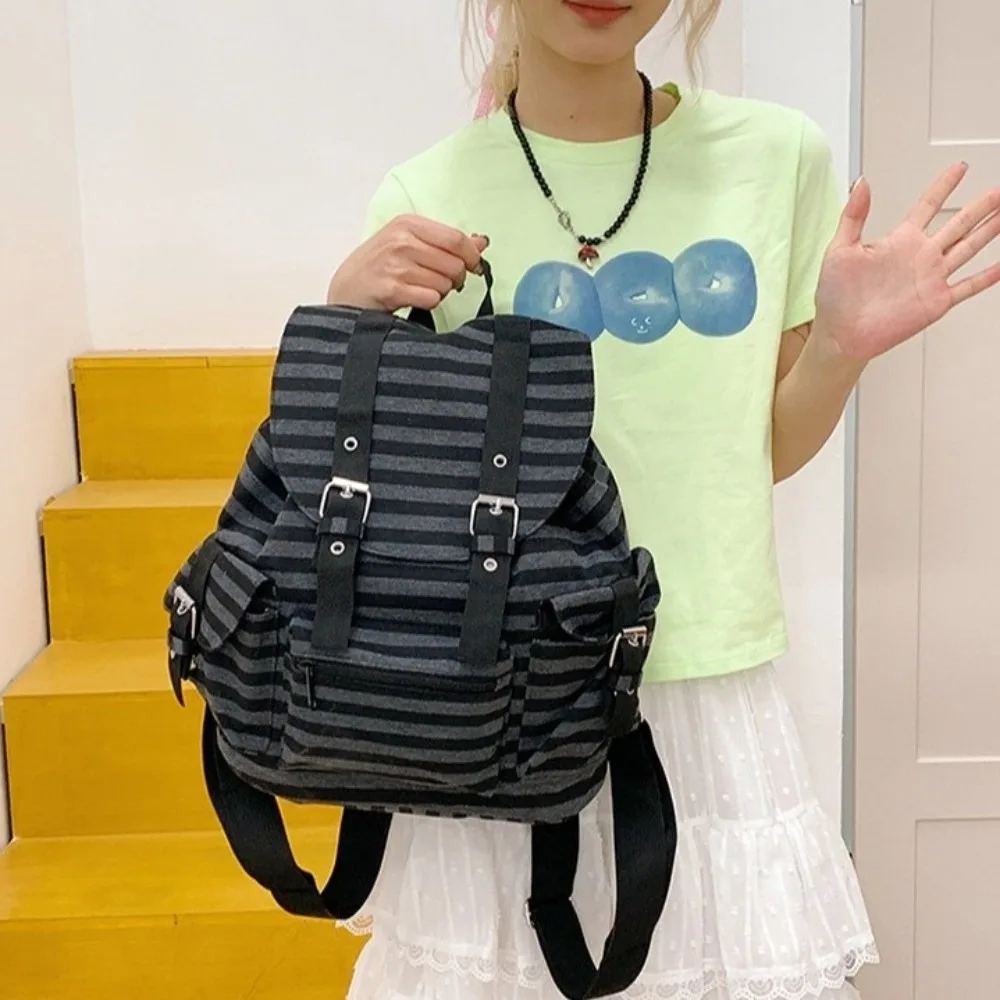 Cute Large Capacity Striped Backpack Y2K Multi-pocket Students Schoolbag Cloth Korean Style Hiking Camping Bag College