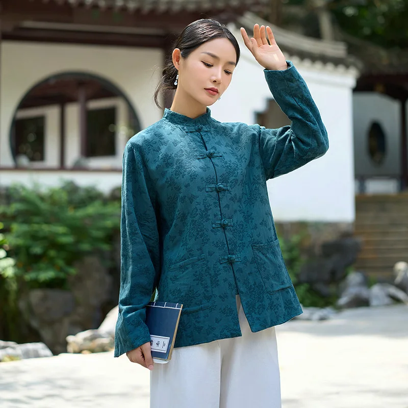 

Chinese Style Double Layer Zen Tea Costume Cotton Linen Short Jacket Tang Suit Women's Fashionable Washed Fabric Regular Sleeve