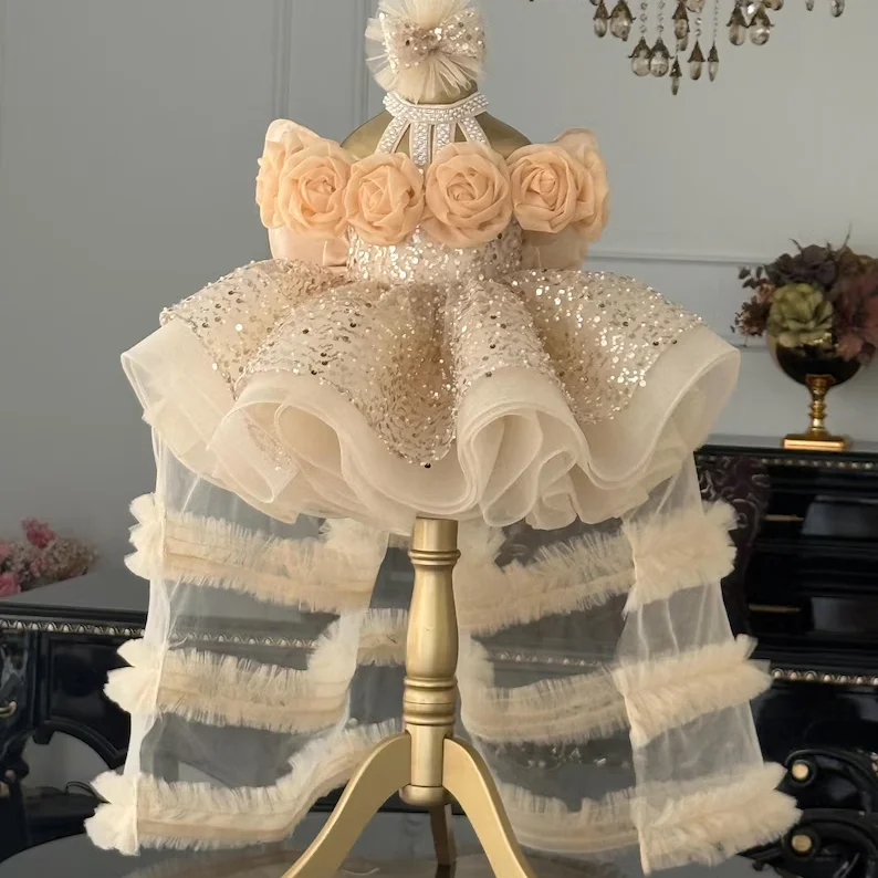 KLFLGD Children's dress, high-end luxury, niche piano performance, trailing fluffy veil, girls' host's birthday princess dress
