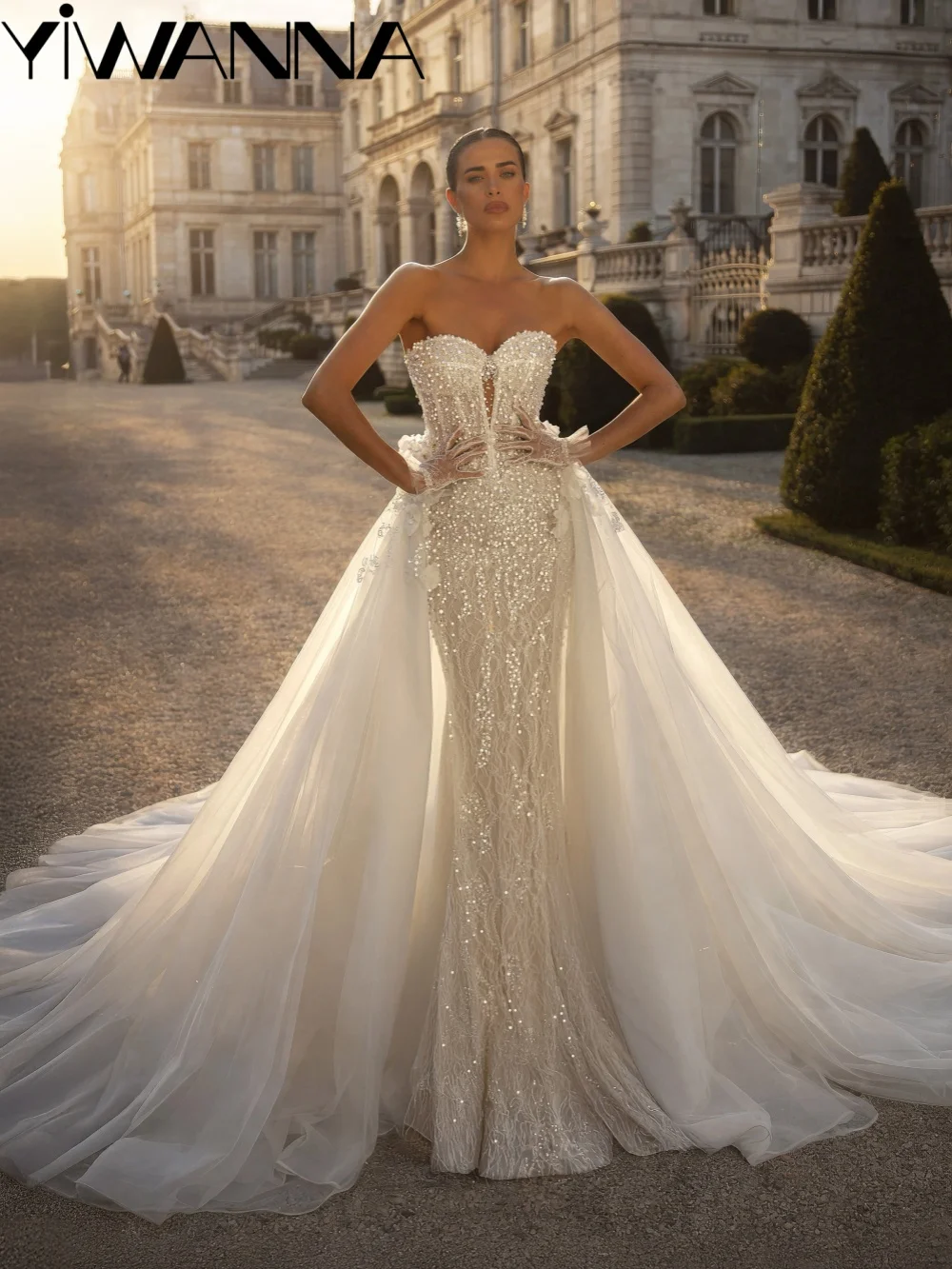 Detachable Train Opulent Pearls Wedding Dress Romantic Sweetheart Neck Bridal Gown Customized Ivory Mermaid Dresses For Bride