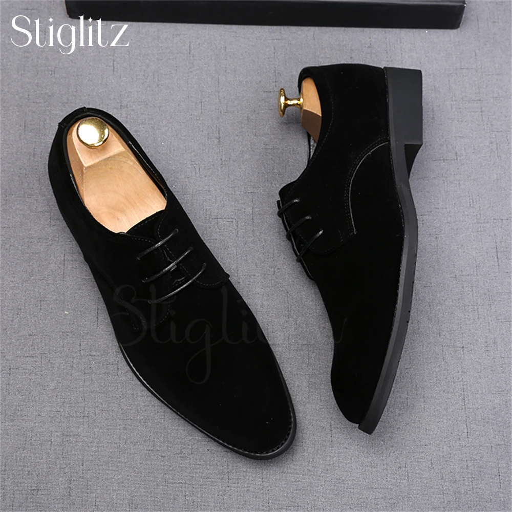 Black Suede Lace-Up Shoes for Men Concise Design Business Dress Shoes for Formal Occasions Handmade Wedding Banquet Oxford Shoes