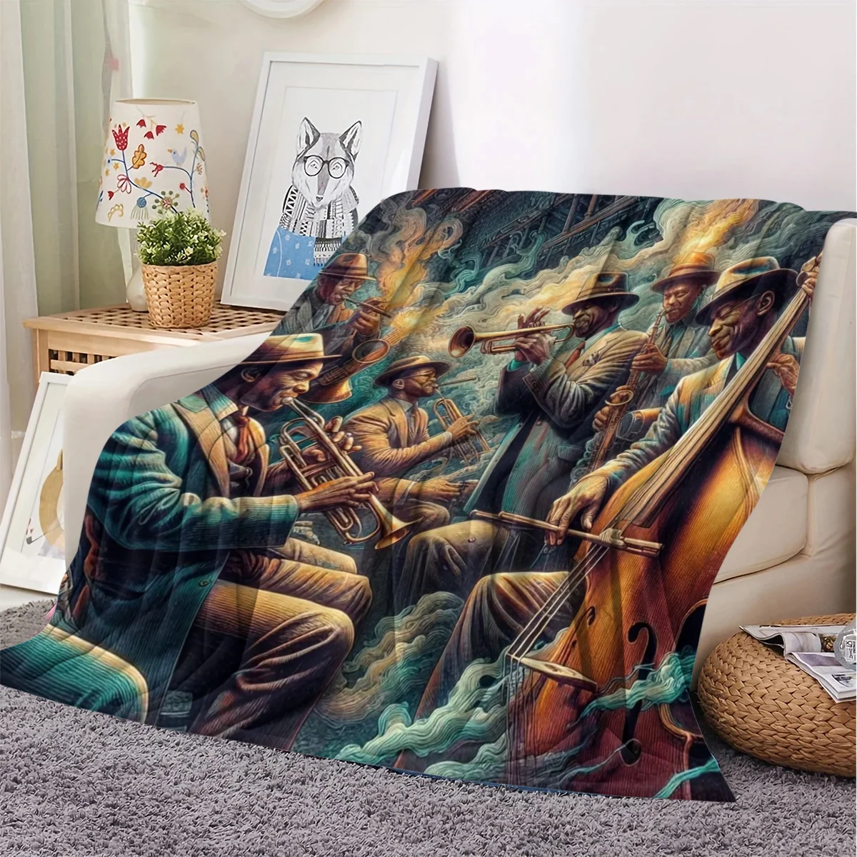 Vintage Jazz Band Flannel Throw Blanket Retro African‑American Musicians Playing Trumpet Saxophone Double Bass Smoky