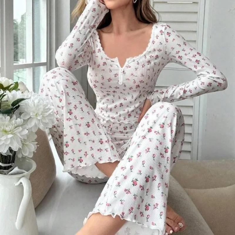 

Long Sleeve Collared Sleepwear Set with Cuffed Long Pants Home Clothes Set Women's Home Comfortable Suit Spring Autumn Winter