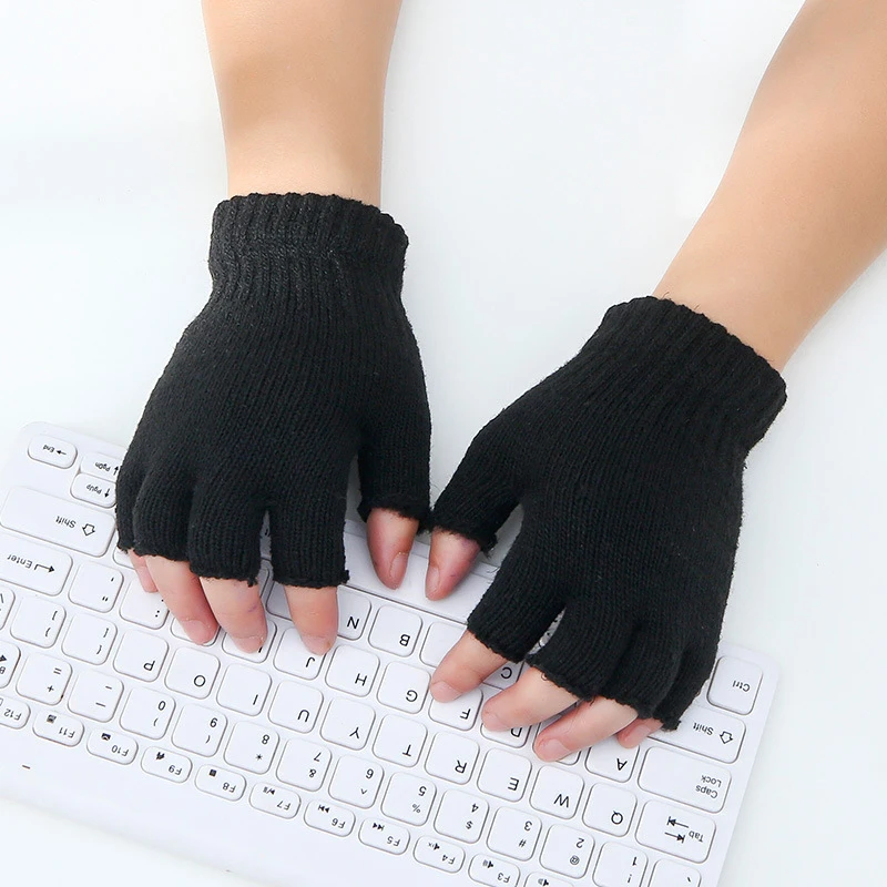 

1Pair Black Half Finger Fingerless Gloves For Women And Men Wool Knit Wrist Cotton Gloves Winter Warm Workout Gloves