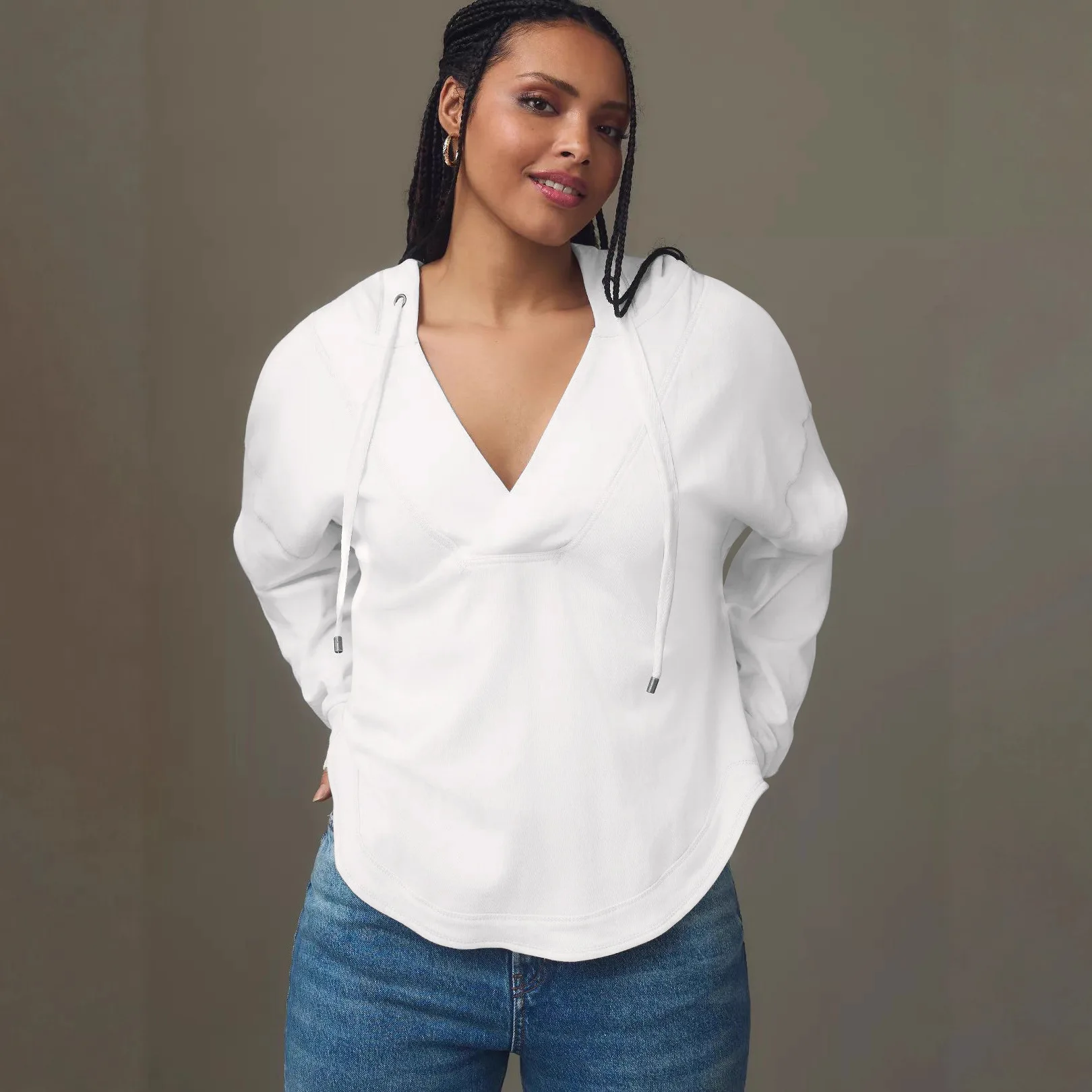 Herfst Winter V-Ne Hoodie Kleur Blo Dames Los Casual Lang Sve Trendy Top Katoen Wolmix Stof Normaal Dun