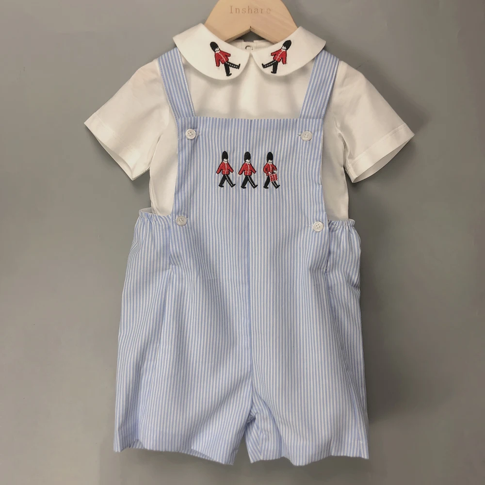 Children\'s Boutique Clothing Summer Toddler Boy Short-sleeved Soldier Embroidered Cotton Shirt Striped Overalls British Style